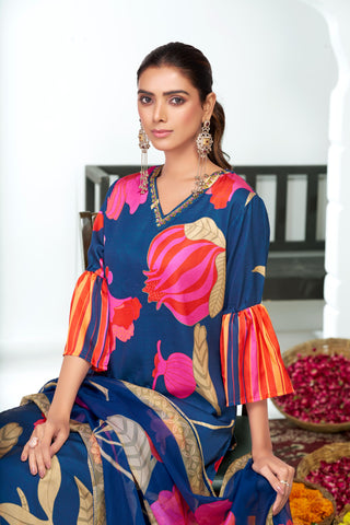 Rani Blue Floral Printed Kurta Set with Hand Glass Bugle & Sequin Embellished Neckline and Printed Dupatta in Satin Silk with Cotton Mul Lining