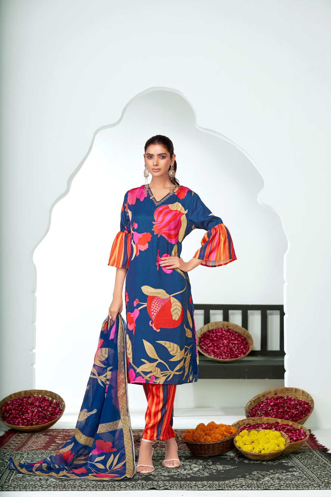 Rani Blue Floral Printed Kurta Set with Hand Glass Bugle & Sequin Embellished Neckline and Printed Dupatta in Satin Silk with Cotton Mul Lining