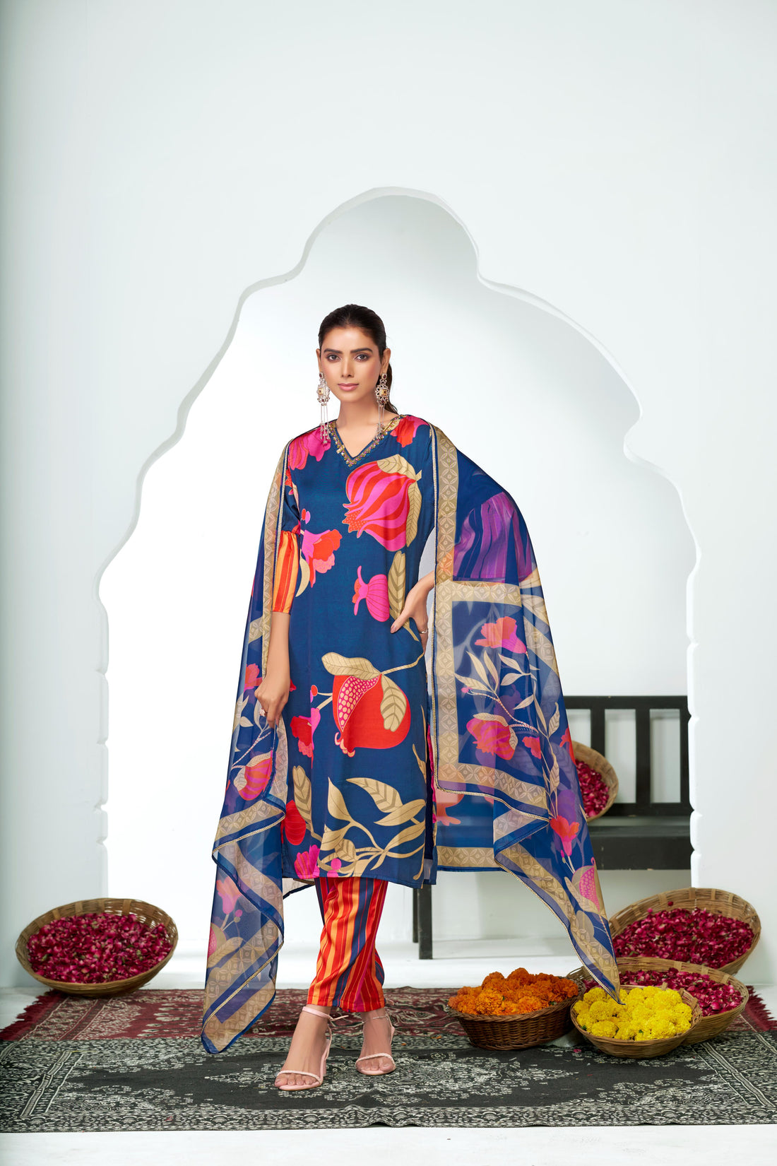 Rani Blue Floral Printed Kurta Set with Hand Glass Bugle & Sequin Embellished Neckline and Printed Dupatta in Satin Silk with Cotton Mul Lining