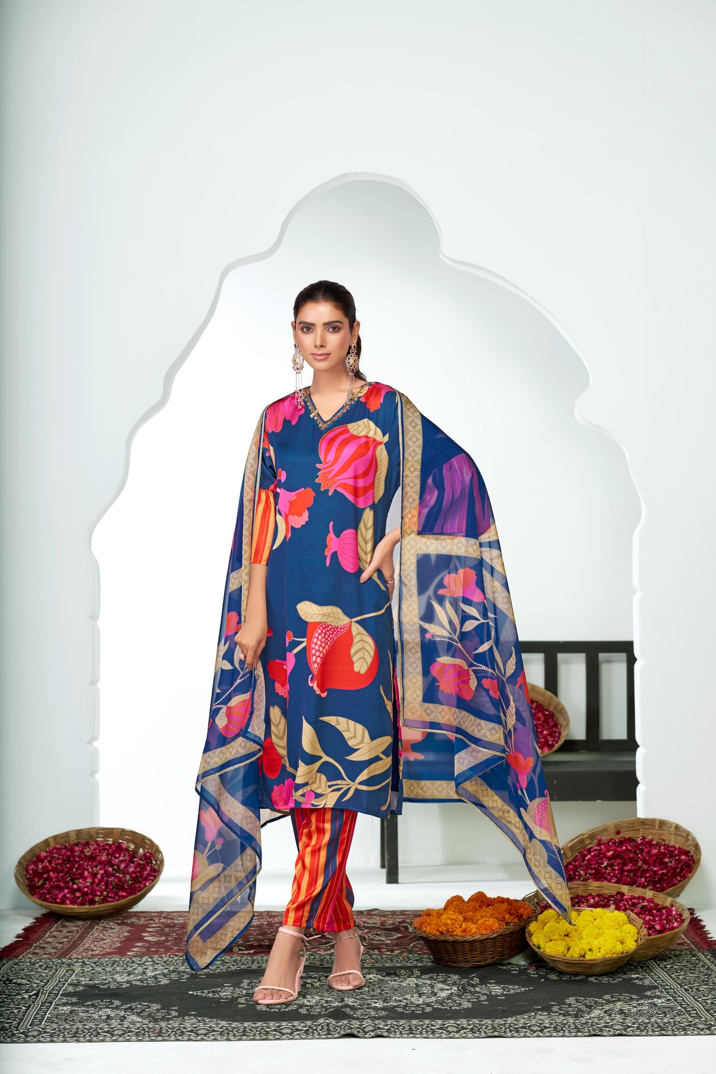 Rani Blue Silk Kurta Set with Dupatta