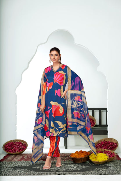 Rani Blue Floral Printed Kurta Set with Hand Glass Bugle & Sequin Embellished Neckline and Printed Dupatta in Satin Silk with Cotton Mul Lining