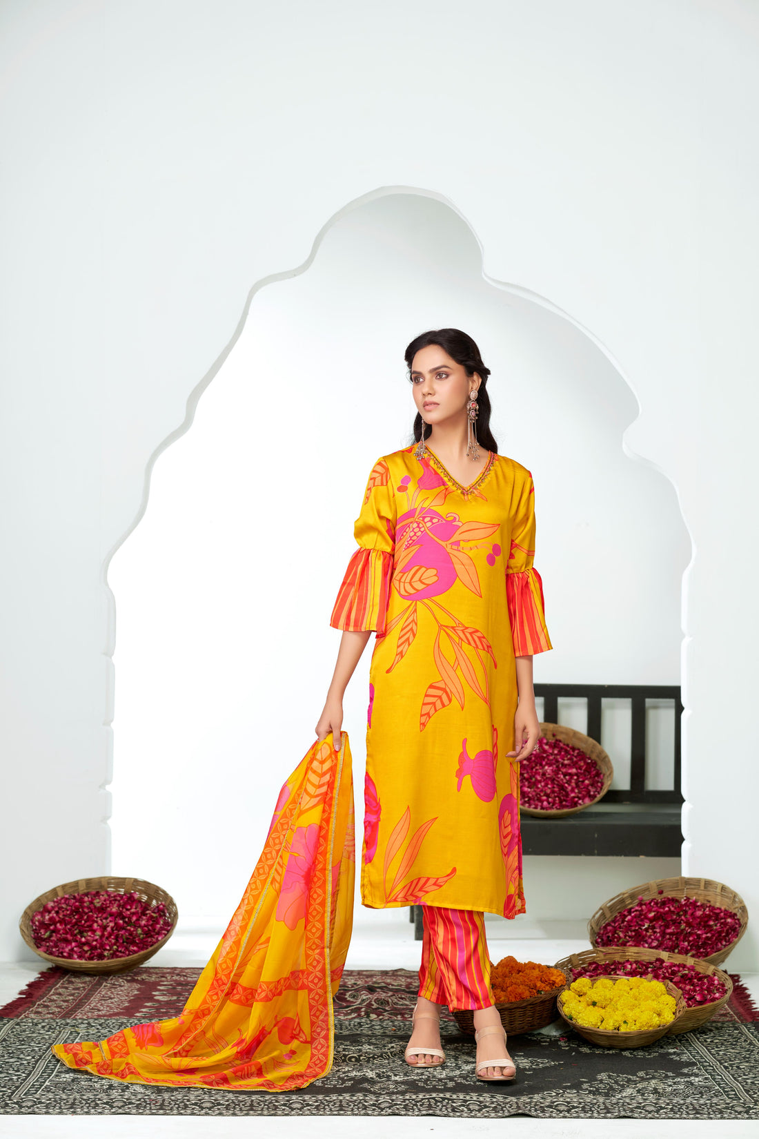 Rani Mustard Floral Printed Kurta Set with Hand Glass Bugle & Sequin Embellished Neckline and Printed Dupatta in Satin Silk with Cotton Mul Lining