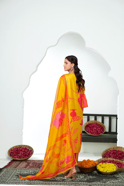 Rani Mustard Floral Printed Kurta Set with Hand Glass Bugle & Sequin Embellished Neckline and Printed Dupatta in Satin Silk with Cotton Mul Lining