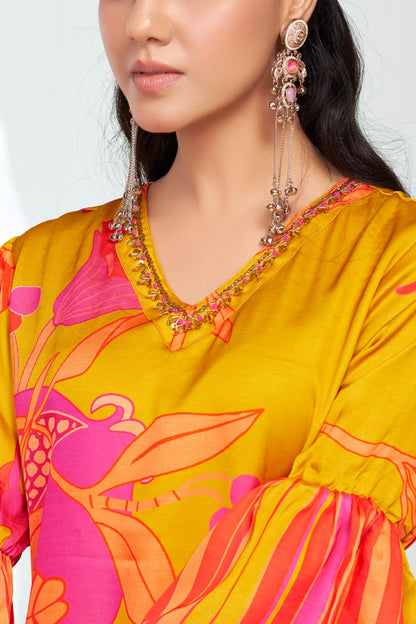 Rani Mustard Floral Printed Kurta Set with Hand Glass Bugle & Sequin Embellished Neckline and Printed Dupatta in Satin Silk with Cotton Mul Lining