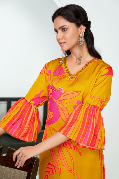Rani Mustard Floral Printed Kurta Set with Hand Glass Bugle & Sequin Embellished Neckline and Printed Dupatta in Satin Silk with Cotton Mul Lining