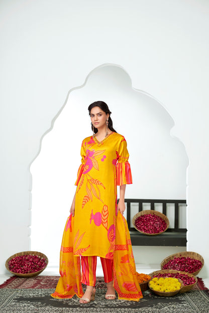 Rani Mustard Floral Printed Kurta Set with Hand Glass Bugle & Sequin Embellished Neckline and Printed Dupatta in Satin Silk with Cotton Mul Lining