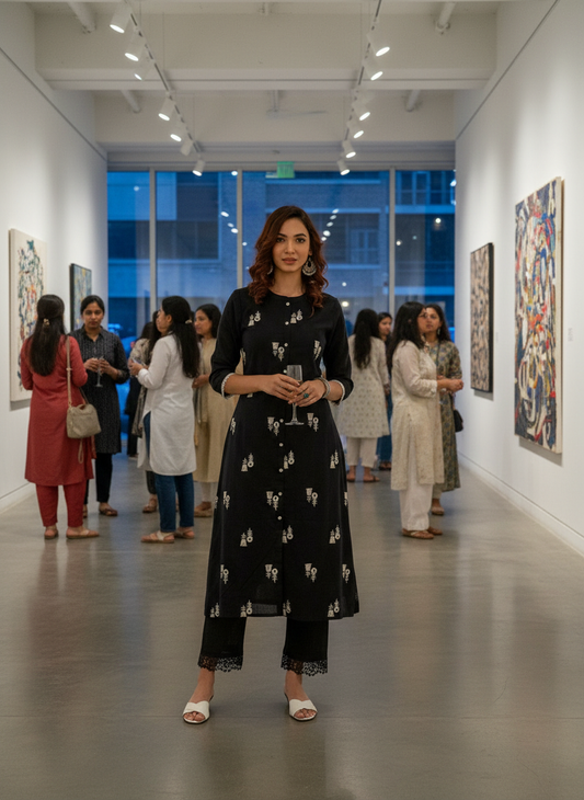 Rashmika Pure Cotton  Linen Black Kurta Set with Classic Embroidered Buti Accents