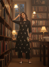Rashmika Pure Cotton  Linen Black Kurta Set with Classic Embroidered Buti Accents