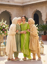 Adab Green Hand Beaded, Sequin & Glass Bugle Embellished Suit Set with Jacquard Dupatta in Pure Muslin with Pure Cotton Mul Lining