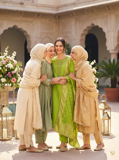 Adab Green Hand Beaded, Sequin & Glass Bugle Embellished Suit Set with Jacquard Dupatta in Pure Muslin with Pure Cotton Mul Lining