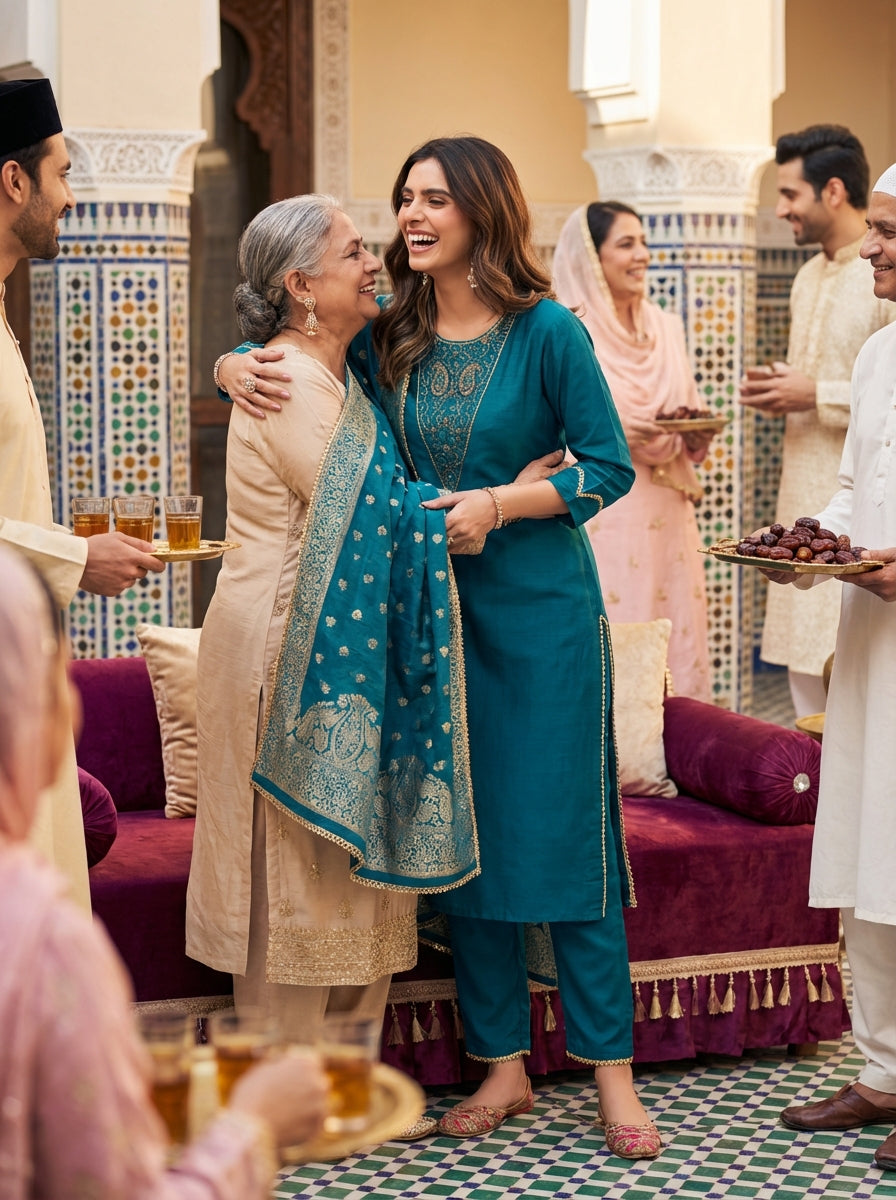 Adab Teal Hand Beaded, Sequin & Glass Bugle Embellished Suit Set with Jacquard Dupatta in Pure Muslin with Pure Cotton Mul Lining