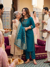 Adab Teal Hand Beaded, Sequin & Glass Bugle Embellished Suit Set with Jacquard Dupatta in Pure Muslin with Pure Cotton Mul Lining