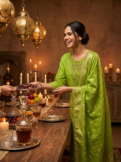 Adab Green Hand Beaded, Sequin & Glass Bugle Embellished Suit Set with Jacquard Dupatta in Pure Muslin with Pure Cotton Mul Lining