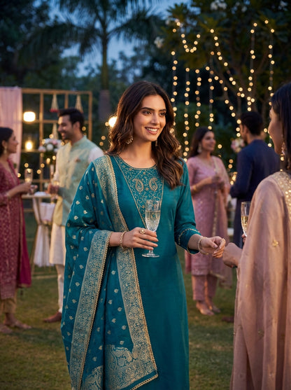 Adab Teal Hand Beaded, Sequin & Glass Bugle Embellished Suit Set with Jacquard Dupatta in Pure Muslin with Pure Cotton Mul Lining