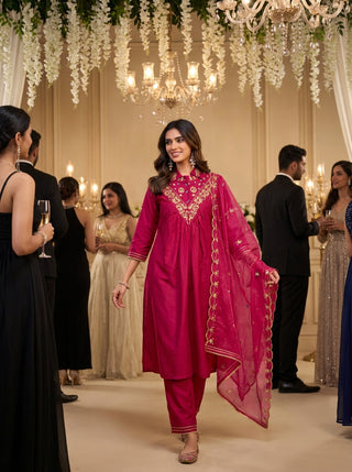 Himawari Fuchsia Handcrafted Golden Zari Dori & Dabka Thread Embroidered Suit Set with Glass Bugle & Sequin Embellished Neck and Dupatta in Pure Muslin with Pure Cotton Mul Lining