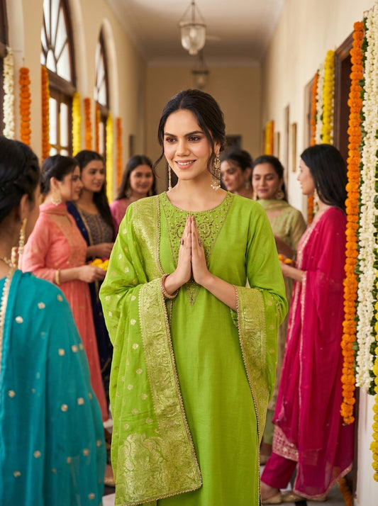 Adab Muslin Green Kurta Set with Dupatta