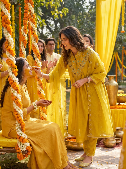 Himawari Muslin Mustard Kurta Set with Dupatta