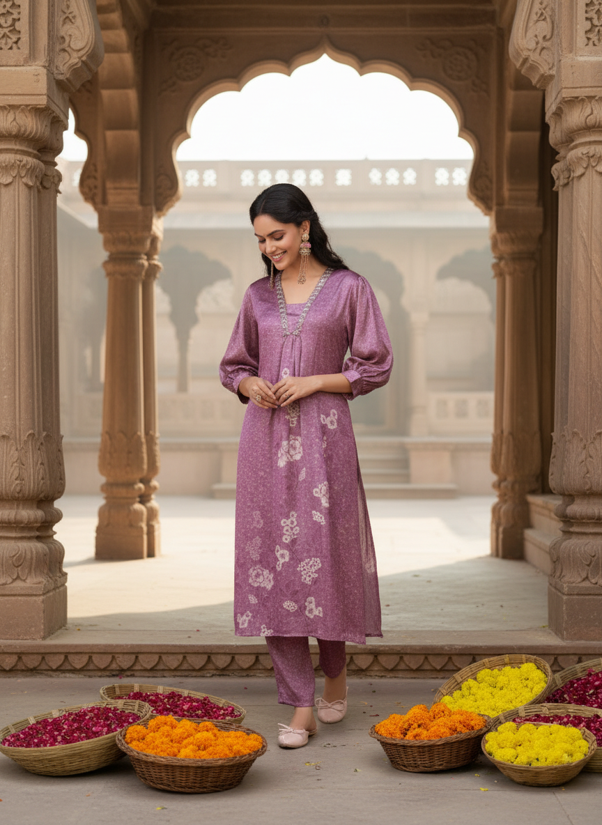 Reeva Lavender Floral Printed Kurta Set with Glass Bugle, Pearl Hand Embellished Neckline in Satin Silk with Cotton Mul Lining