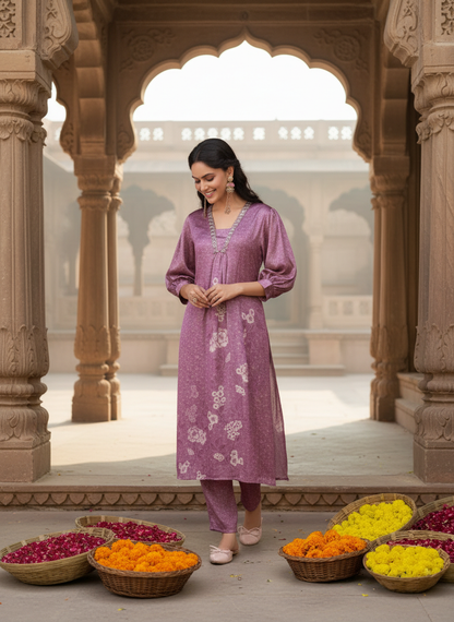 Reeva Lavender Floral Printed Kurta Set with Glass Bugle, Pearl Hand Embellished Neckline in Satin Silk with Cotton Mul Lining