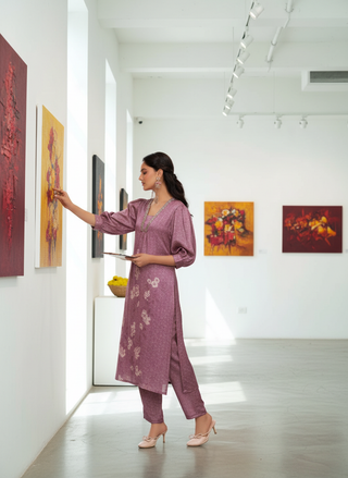 Reeva Lavender Floral Printed Kurta Set with Glass Bugle, Pearl Hand Embellished Neckline in Satin Silk with Cotton Mul Lining