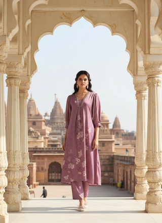 Reeva Lavender Floral Printed Kurta Set with Glass Bugle, Pearl Hand Embellished Neckline in Satin Silk with Cotton Mul Lining