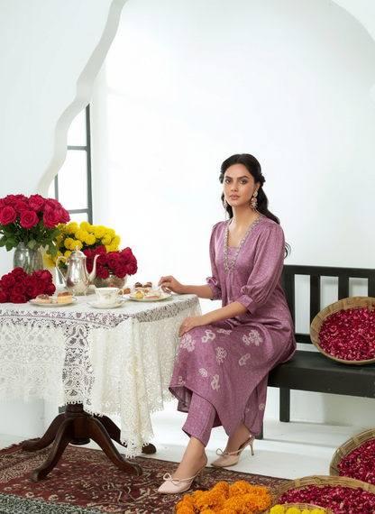 Reeva Lavender Floral Printed Kurta Set with Glass Bugle, Pearl Hand Embellished Neckline in Satin Silk with Cotton Mul Lining