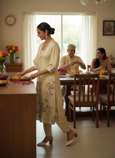Reeva Off White Floral Printed Kurta Set with Glass Bugle, Pearl Hand Embellished Neckline in Satin Silk with Cotton Mul Lining