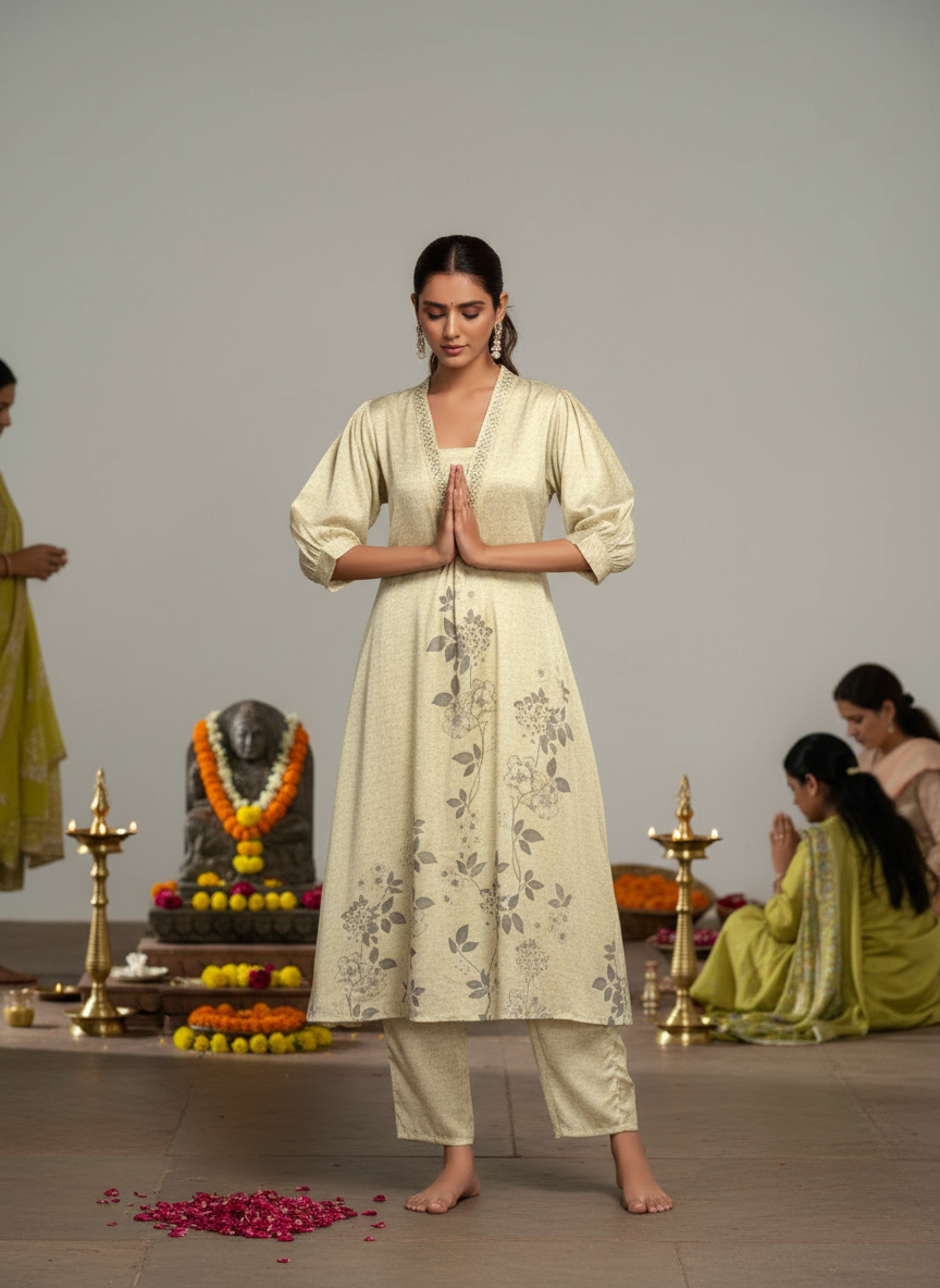 Reeva Off White Floral Printed Kurta Set with Glass Bugle, Pearl Hand Embellished Neckline in Satin Silk with Cotton Mul Lining