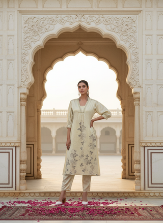 Reeva Off White Floral Printed Kurta Set with Glass Bugle, Pearl Hand Embellished Neckline in Satin Silk with Cotton Mul Lining