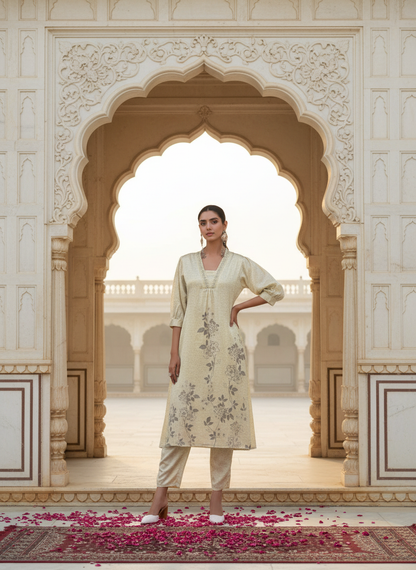 Reeva Off White Floral Printed Kurta Set with Glass Bugle, Pearl Hand Embellished Neckline in Satin Silk with Cotton Mul Lining