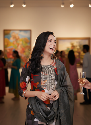 Roli Floral Printed Grey Salwar Suit with Handcrafted Zari & Mirror Embroidered Neckline in Viscose