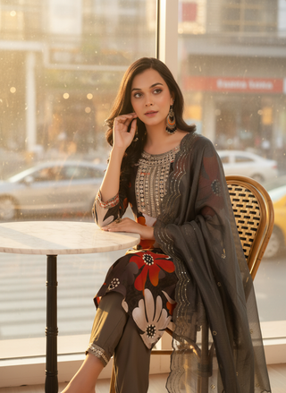 Roli Floral Printed Grey Salwar Suit with Handcrafted Zari & Mirror Embroidered Neckline in Viscose