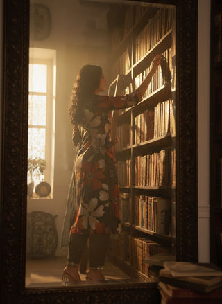 Roli Floral Printed Grey Salwar Suit with Handcrafted Zari & Mirror Embroidered Neckline in Viscose