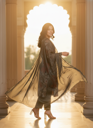Roli Floral Printed Grey Salwar Suit with Handcrafted Zari & Mirror Embroidered Neckline in Viscose