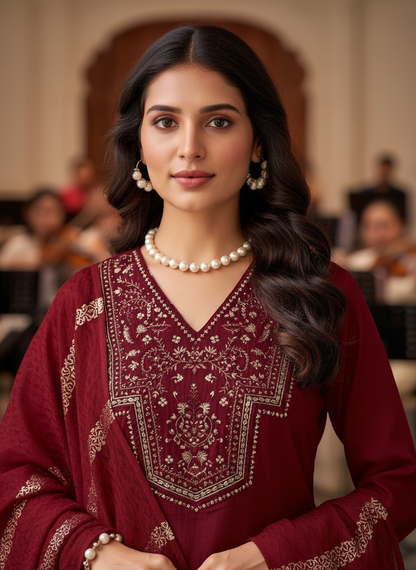 Ruhani Maroon & Gold Floral Zari Mirror Work Embroidered Yoke Kurta Set with Dupatta in Chanderi Silk with Cotton Mul Lining