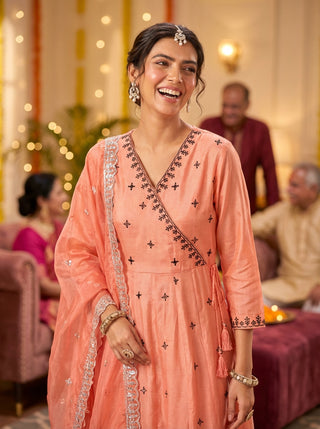 Ruqaiya Peach Angrakha Style Hand Thread Embroidered Suit Set with Mirror Detailing in Pure Muslin with Pure Cotton Mul Lining