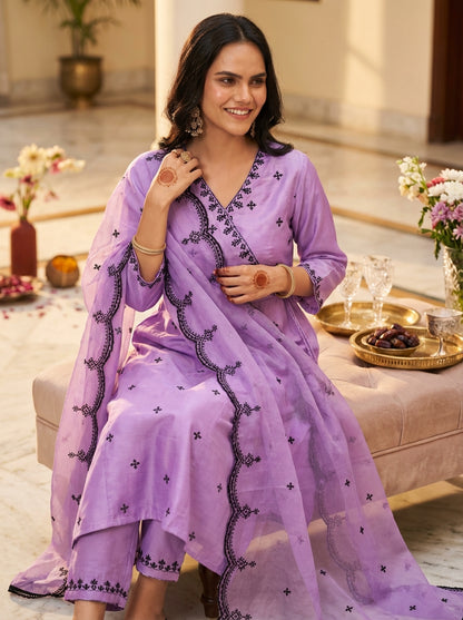 Ruqaiya Purple Angrakha Style Hand Thread Embroidered Suit Set with Mirror Detailing in Pure Muslin with Pure Cotton Mul Lining