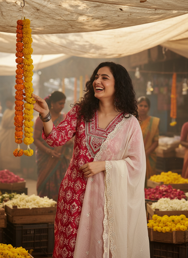 Sagarika Printed Red & Off White Salwar Suit with Hand Embroidered Mirror Work Neckline in Viscose