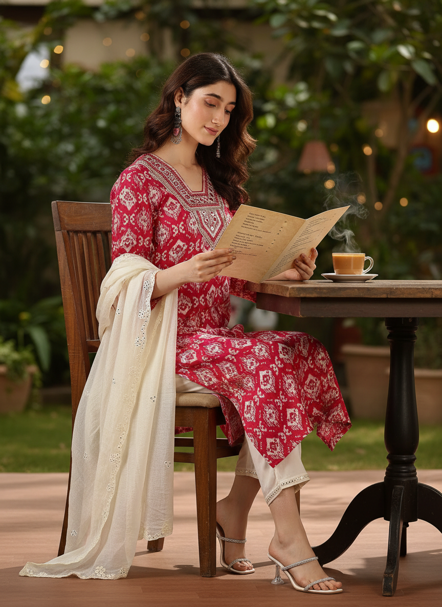 Sagarika Printed Red & Off White Salwar Suit with Hand Embroidered Mirror Work Neckline in Viscose