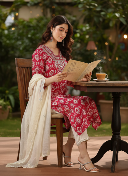 Sagarika Printed Red & Off White Salwar Suit with Hand Embroidered Mirror Work Neckline in Viscose