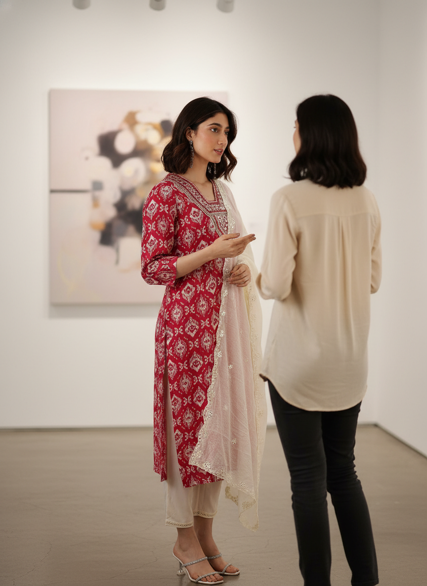 BulBul Sagarika Printed Red & Off White Rayon Salwar Suit