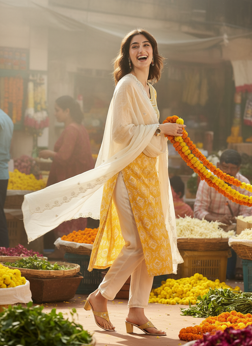 Sagarika Printed Yellow & Off White Salwar Suit with Hand Embroidered Mirror Work Neckline in Viscose