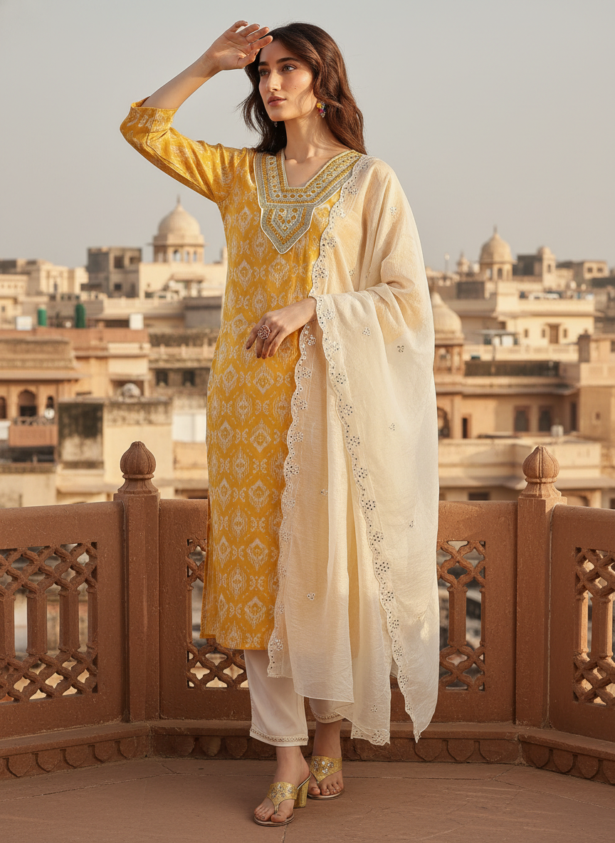Sagarika Printed Yellow & Off White Salwar Suit with Hand Embroidered Mirror Work Neckline in Viscose
