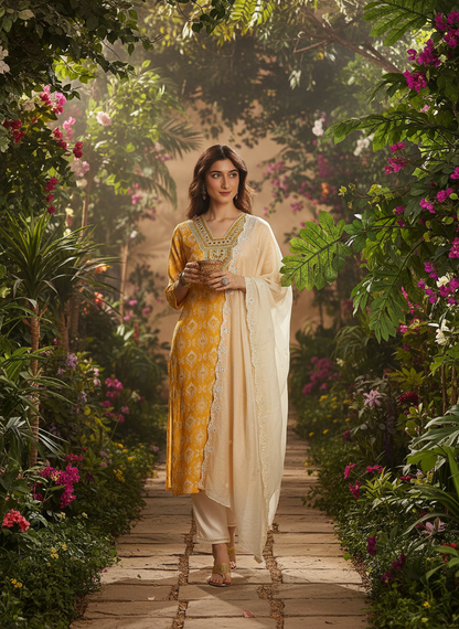 Sagarika Printed Yellow & Off White Salwar Suit with Hand Embroidered Mirror Work Neckline in Viscose