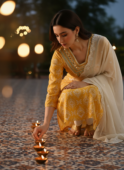 Sagarika Printed Yellow & Off White Salwar Suit with Hand Embroidered Mirror Work Neckline in Viscose