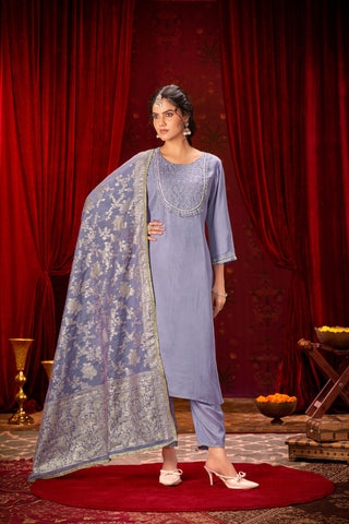 Sehmat Purple Handcrafted Suit Set with Intricate Glass Bugle & Sequin Neck Detailing and Jacquard Dupatta in Pure Muslin with Pure Cotton Mul Lining