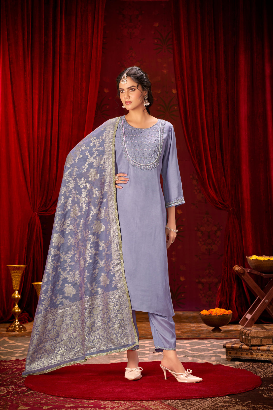 Sehmat Purple Handcrafted Suit Set with Intricate Glass Bugle & Sequin Neck Detailing and Jacquard Dupatta in Pure Muslin with Pure Cotton Mul Lining