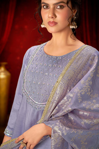 Sehmat Purple Handcrafted Suit Set with Intricate Glass Bugle & Sequin Neck Detailing and Jacquard Dupatta in Pure Muslin with Pure Cotton Mul Lining