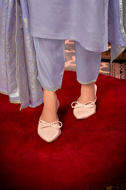 Sehmat Purple Handcrafted Suit Set with Intricate Glass Bugle & Sequin Neck Detailing and Jacquard Dupatta in Pure Muslin with Pure Cotton Mul Lining