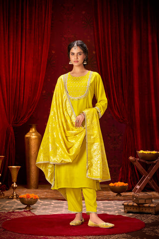Sehmat Yellow Handcrafted Suit Set with Intricate Glass Bugle & Sequin Neck Detailing and Jacquard Dupatta in Pure Muslin with Pure Cotton Mul Lining